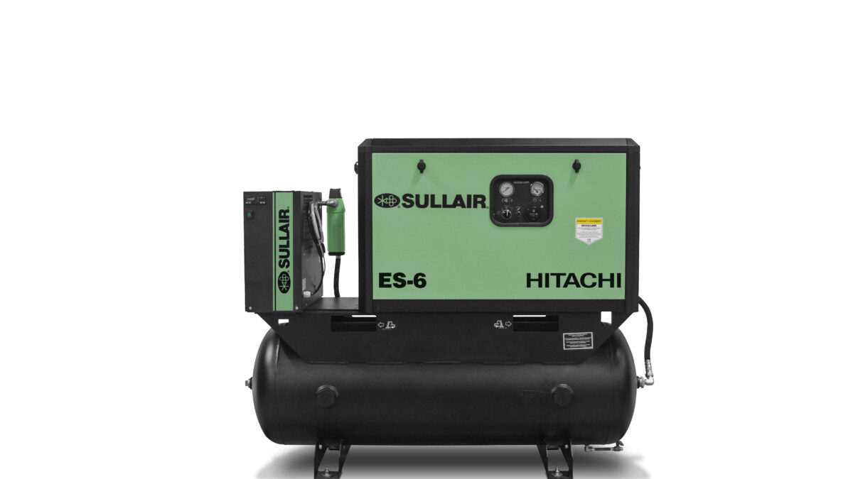 CompressAir | Green and black sullair hitachi es-6 air compressor on a large horizontal black tank, isolated on a white background.