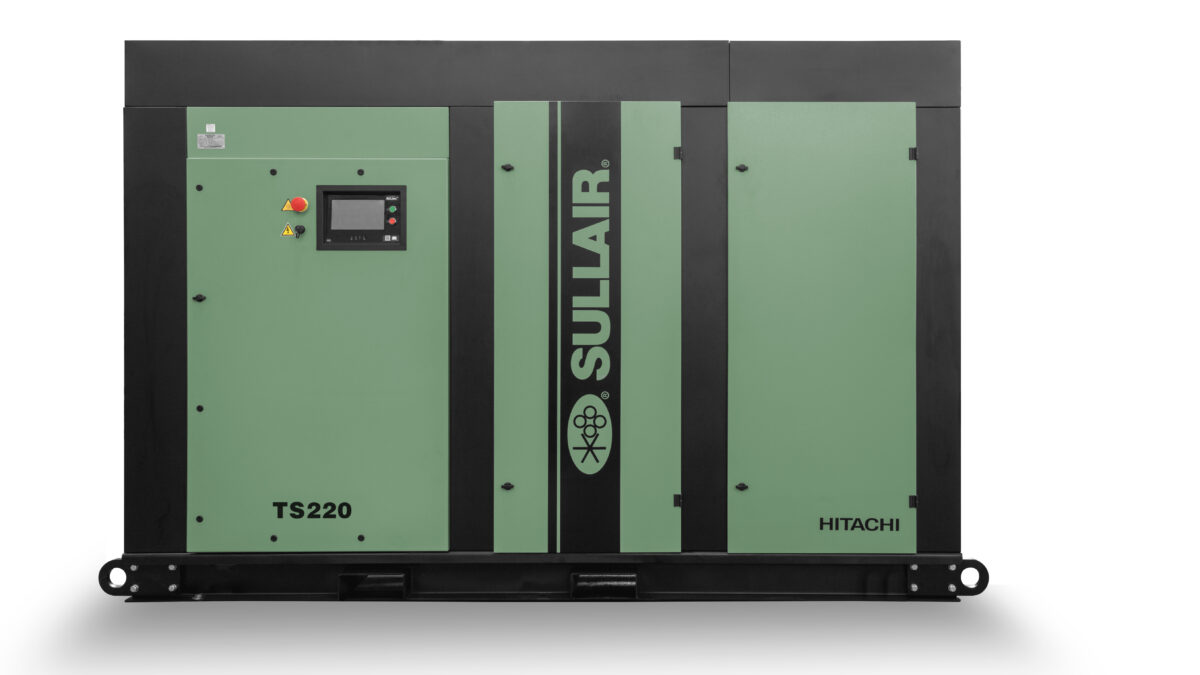 CompressAir | A sullair ts220 industrial air compressor, colored green and black, isolated on a white background.