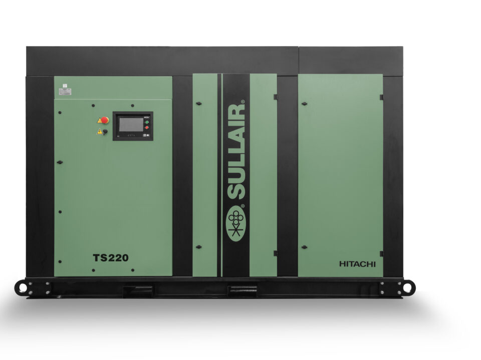 CompressAir | A sullair ts220 industrial air compressor, colored green and black, isolated on a white background.