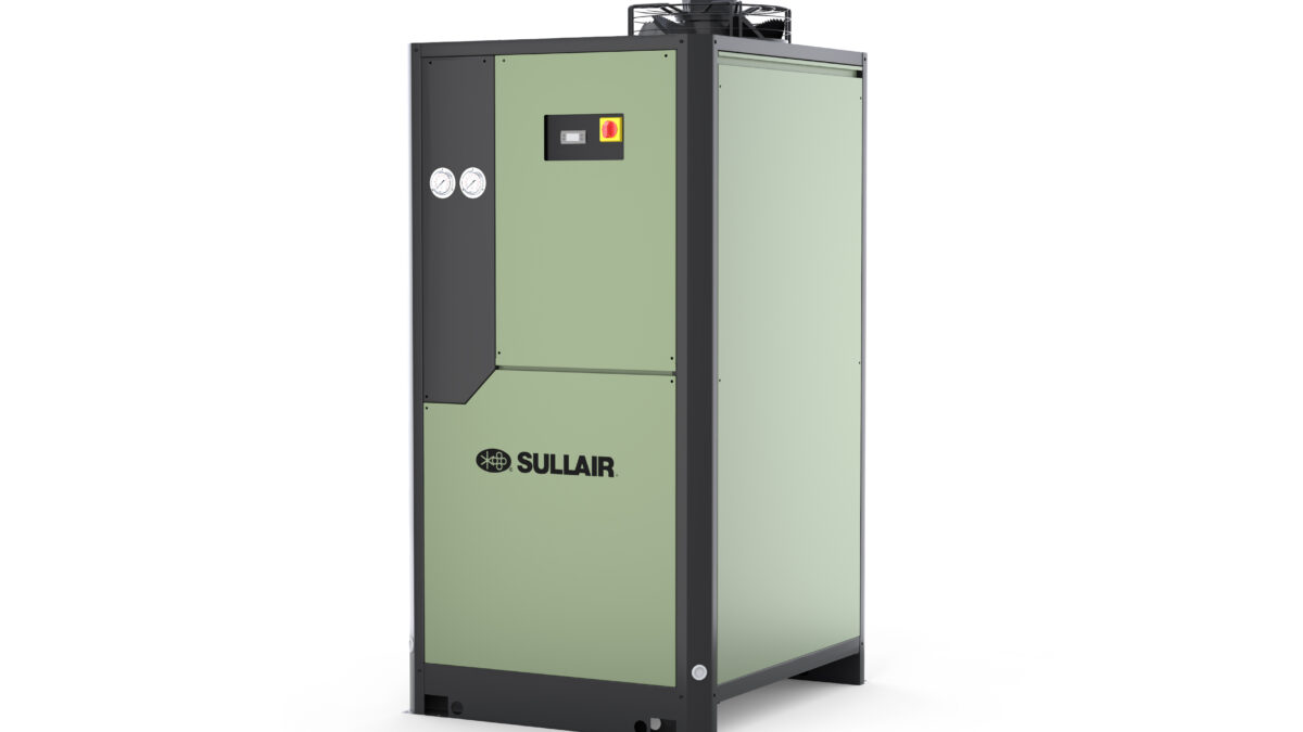 CompressAir | Green and black industrial machine with the brand name "Sullair" on the front. It features gauges, a digital display, and buttons on the upper section.