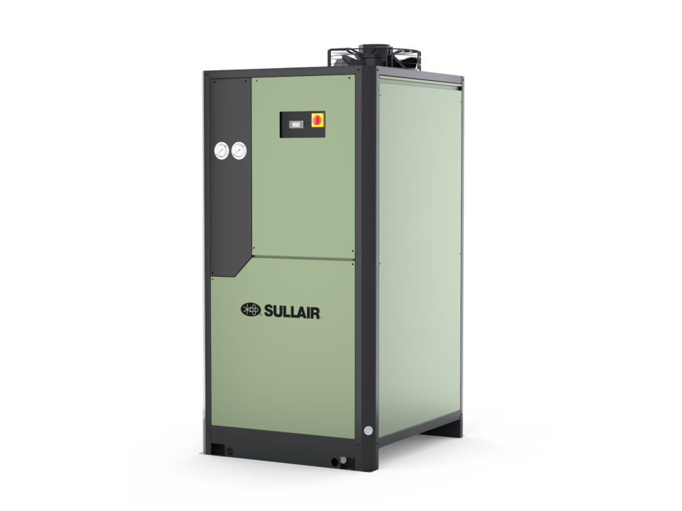 CompressAir | Green and black industrial machine with the brand name "Sullair" on the front. It features gauges, a digital display, and buttons on the upper section.