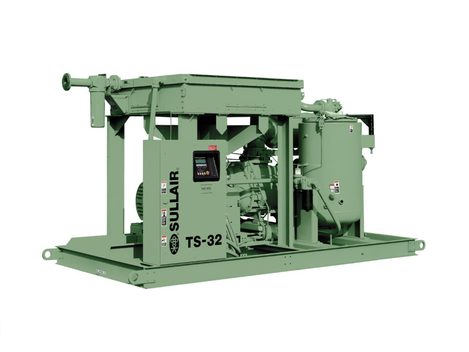 CompressAir | Green industrial air compressor unit labeled "Sullair TS-32" on a white background.