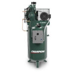 CompressAir | Vertical champion air compressor with a green tank, positioned on three legs, featuring attached motor and control panel.