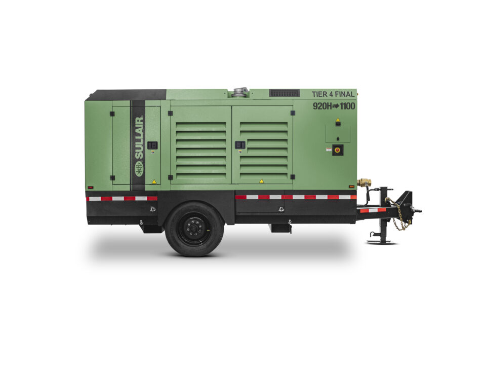 CompressAir | Side view of a large green industrial generator on wheels, isolated on a white background.