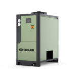 CompressAir | A Sullair industrial air compressor with a green and black exterior, featuring control dials and a digital display on the front panel.